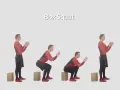 Uomo esegue il **box squat** in quattro fasi, scendendo e risalendo da una scatola.