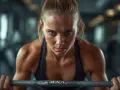 Donna determinata in palestra, con sguardo intenso, solleva un bilanciere. La sua espressione incarna la vera essenza di cosa sia l'endurance.