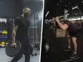 Uomo sorridente porta pesi, mentre un altro esegue un landmine press con cavi in palestra.