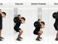Uomo esegue front squat multipower: setup, discesa, posizione bassa e risalita.