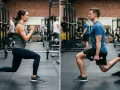 Uomo e donna in palestra eseguono esercizi per le gambe: lei fa uno split squat a corpo libero, lui uno split squat bulgaro con manubrio.