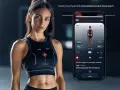 Donna sportiva con top tecnologico. Smartphone mostra app per monitorare prestazioni con tecnologie indossabili.