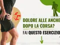 Uomo con dolore all'anca dopo la corsa. Icona di un corridore con mal di schiena. Testo: "Dolore alle anche dopo la corsa? Fai questo esercizio".