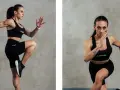 Donna in abbigliamento sportivo nero esegue un esercizio di corsa sul posto, stimolando il metabolismo anaerobico.