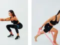 Donna esegue squat con elastico per allenare i muscoli estensori gamba. Poi affondo con elastico rosa.