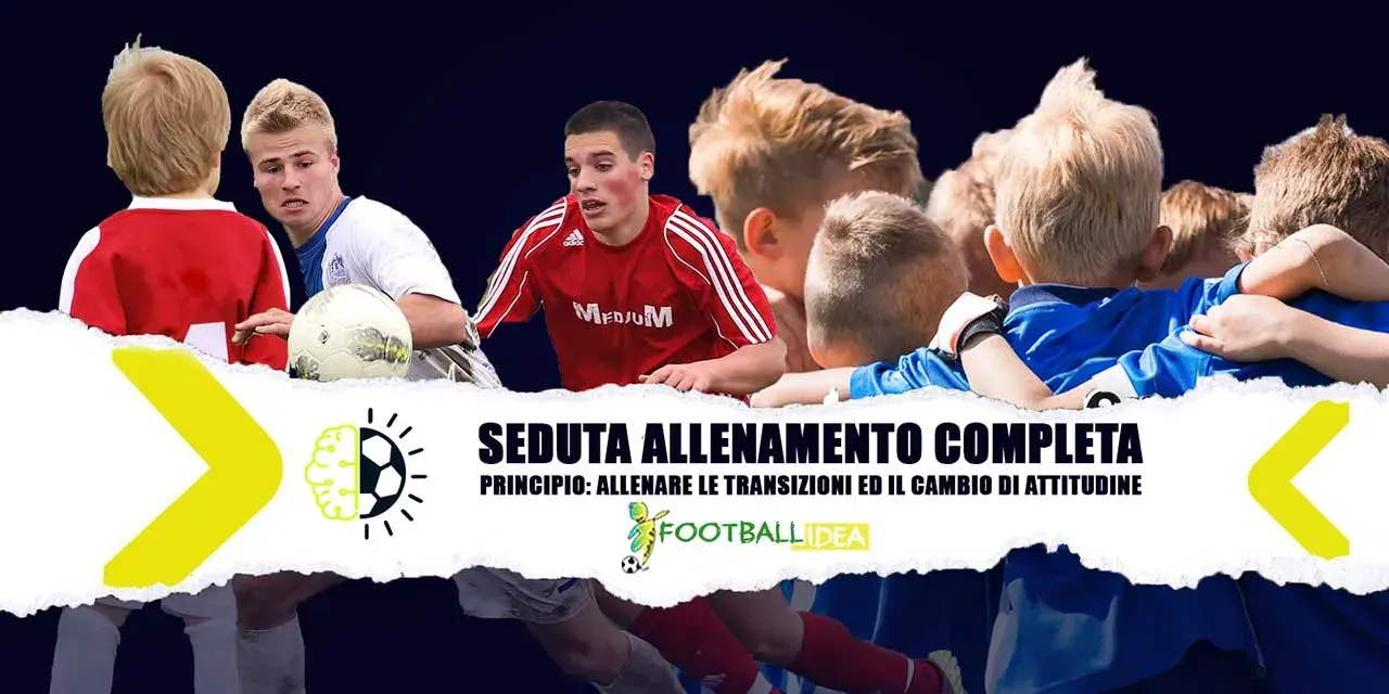 Allenamento pulcini calcio: giovani calciatori in azione, con un allenatore che li osserva. Focus su transizioni e cambio di attitudine.