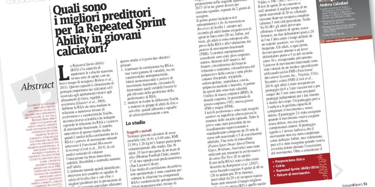Studio sui predittori della Repeated Sprint Ability (RSA) nei giovani calciatori, analizzando correlazioni con parametri fisici e di movimento.