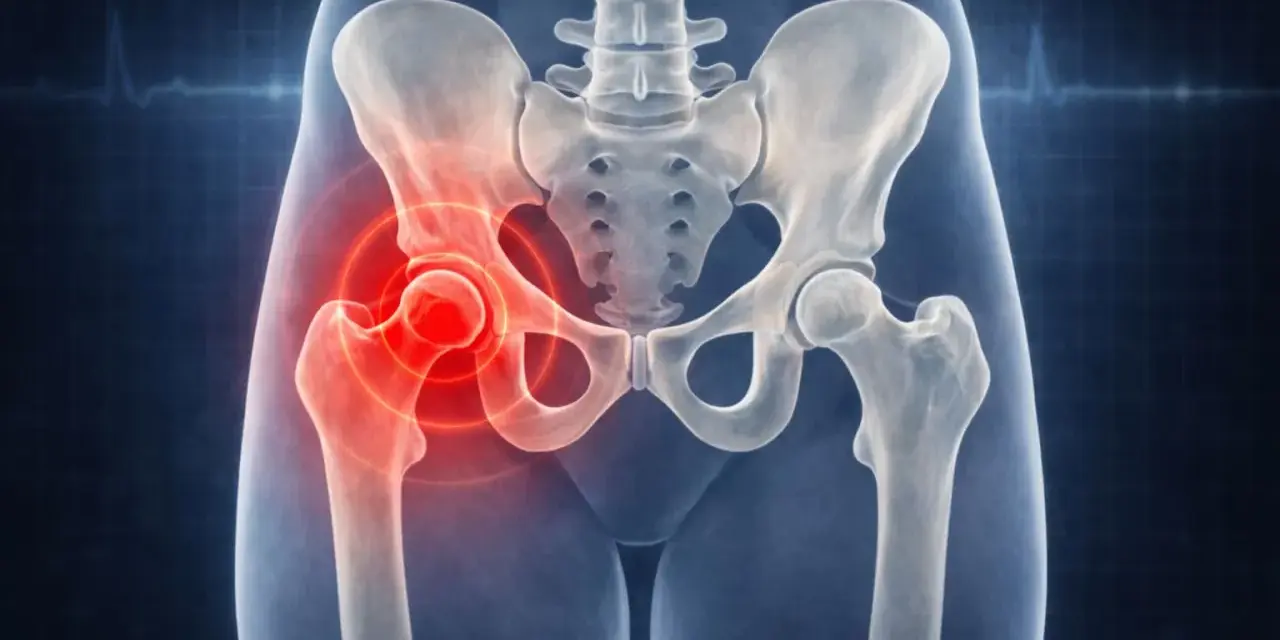 Illustrazione anatomica del bacino con evidenziata la coxalgia all'anca sinistra, indicando dolore e infiammazione.