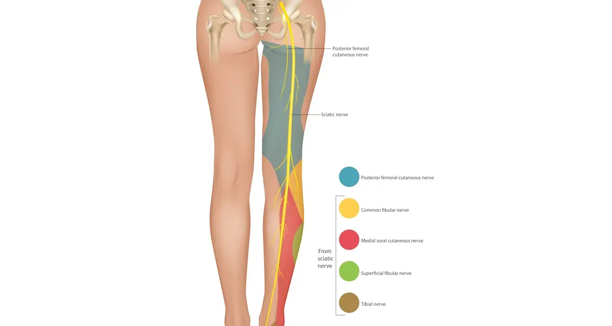 Illustrazione anatomica che mostra l'innervazione sensoriale del nervo sciatico, utile per capire il dolore da nervo sciatico infiammato.