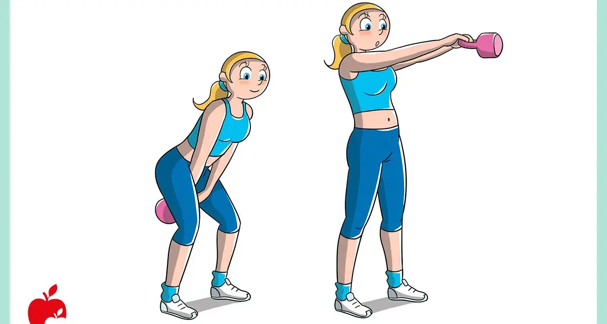 Donna esegue un affondo rumeno con kettlebell. Prima in posizione accovacciata, poi in piedi con il peso sollevato.