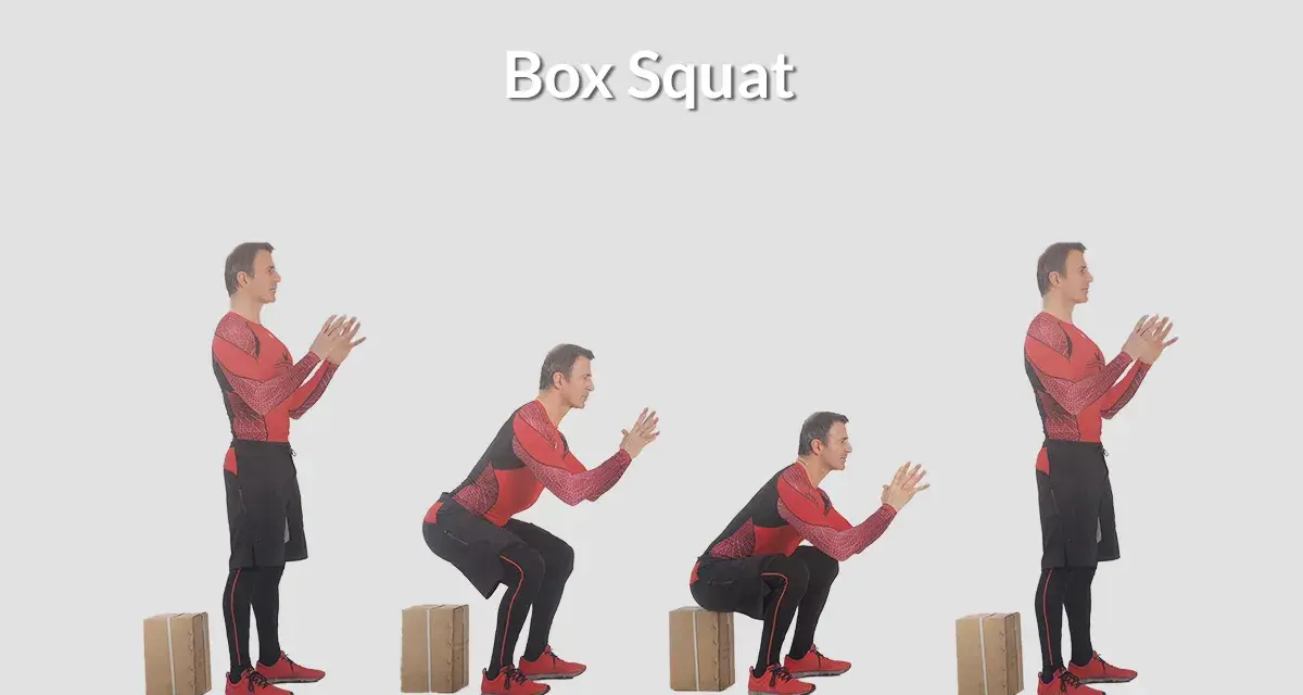 Uomo esegue il **box squat** in quattro fasi, scendendo e risalendo da una scatola.