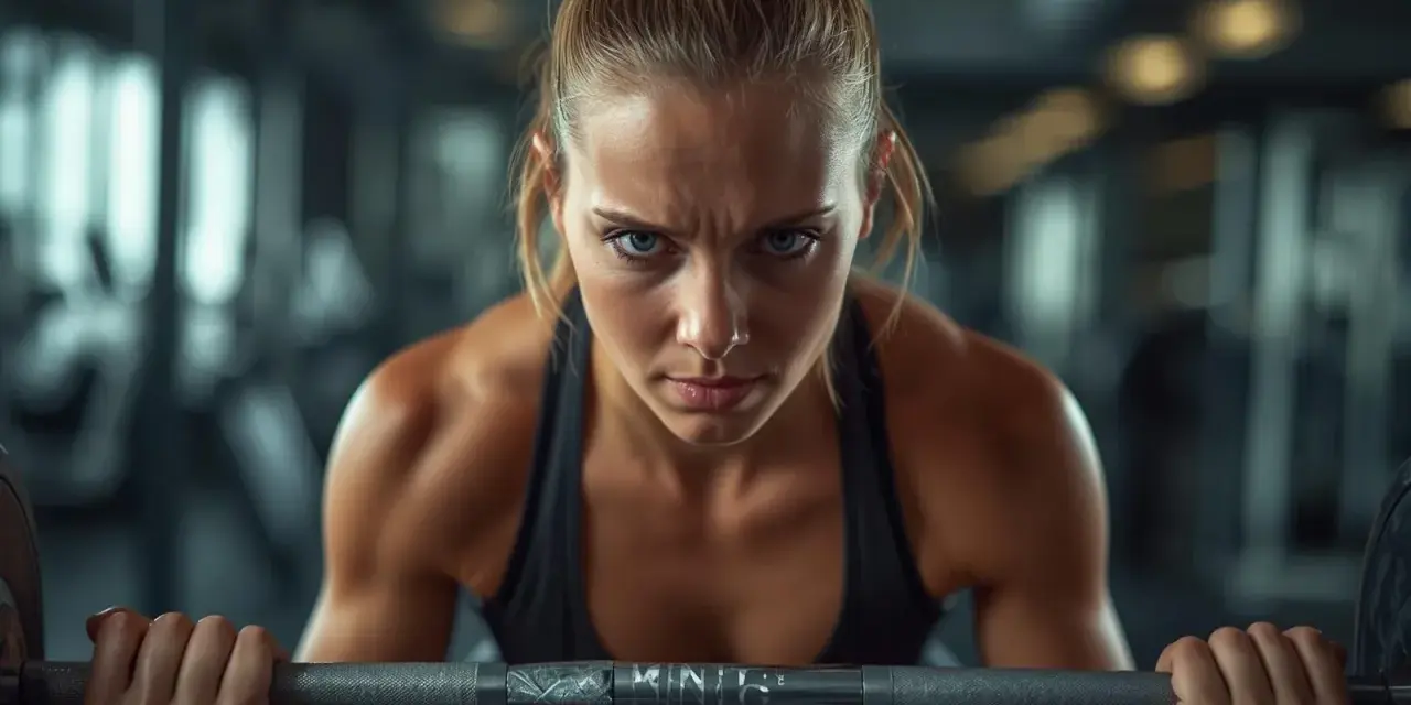 Donna determinata in palestra, con sguardo intenso, solleva un bilanciere. La sua espressione incarna la vera essenza di cosa sia l'endurance.