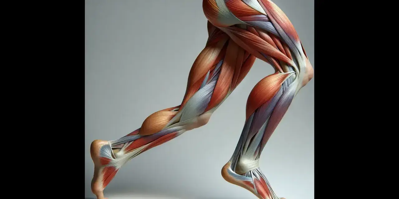 Muscolatura della gamba in movimento, evidenziando il tibiale anteriore, la sua origine e inserzione.