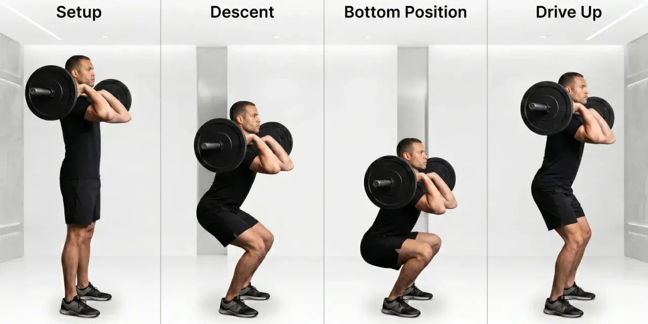 Uomo esegue front squat multipower: setup, discesa, posizione bassa e risalita.