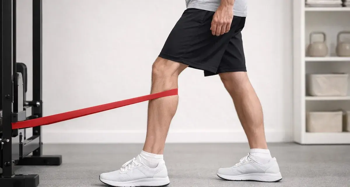 Uomo esegue esercizi per il vasto mediale obliquo con elastico rosso, rafforzando il ginocchio.