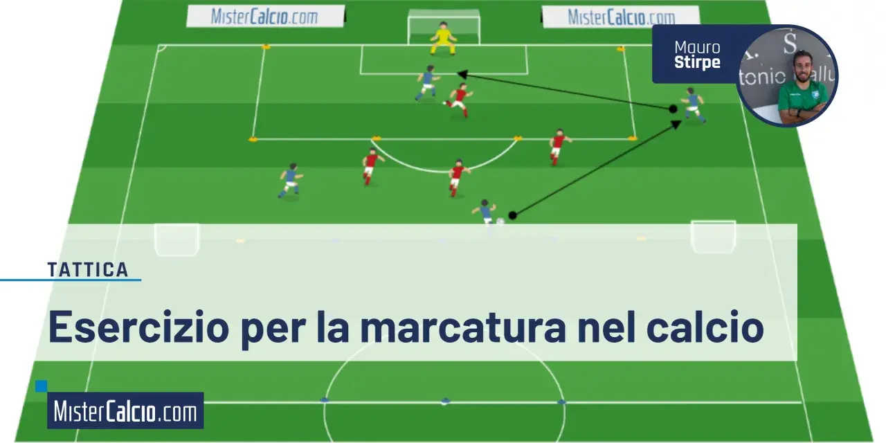 Schema tattico di calcio che illustra un esercizio di marcatura a uomo. Giocatori in maglia rossa e blu si muovono sul campo.