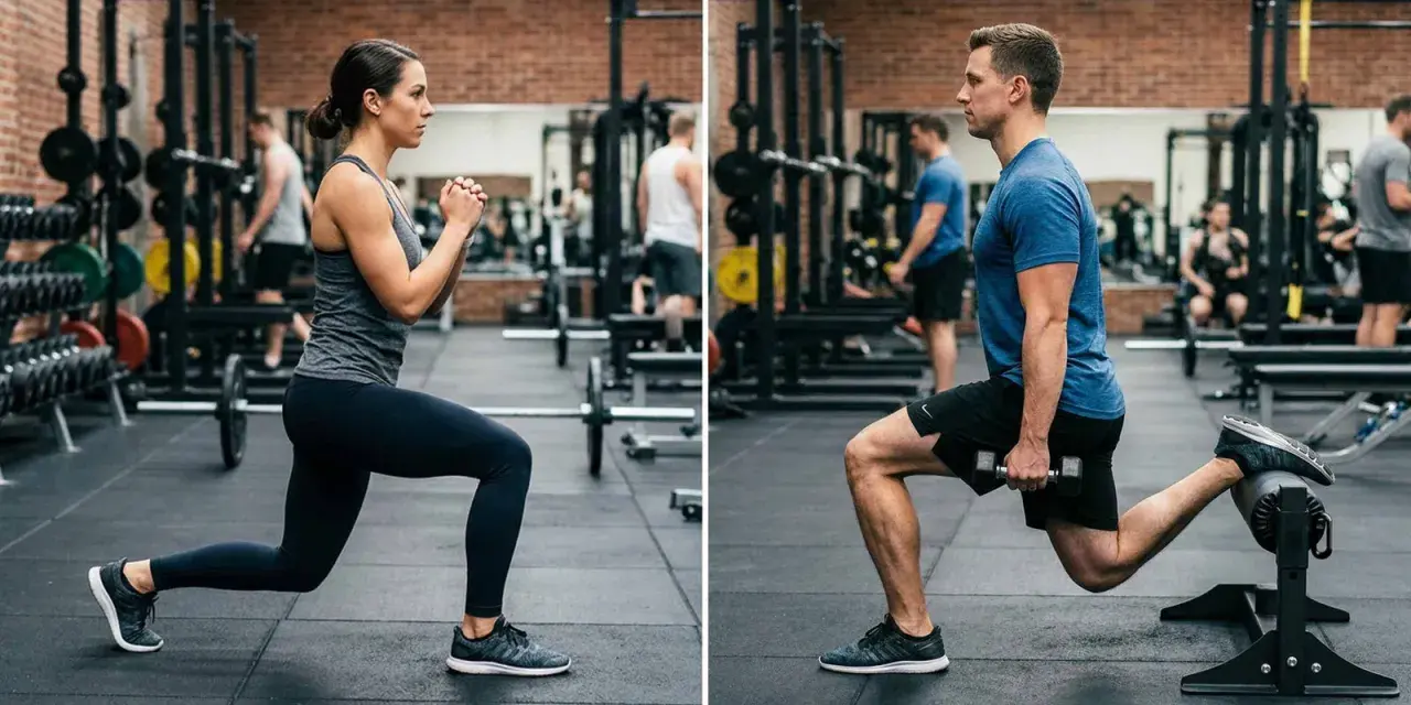 Uomo e donna in palestra eseguono esercizi per le gambe: lei fa uno split squat a corpo libero, lui uno split squat bulgaro con manubrio.