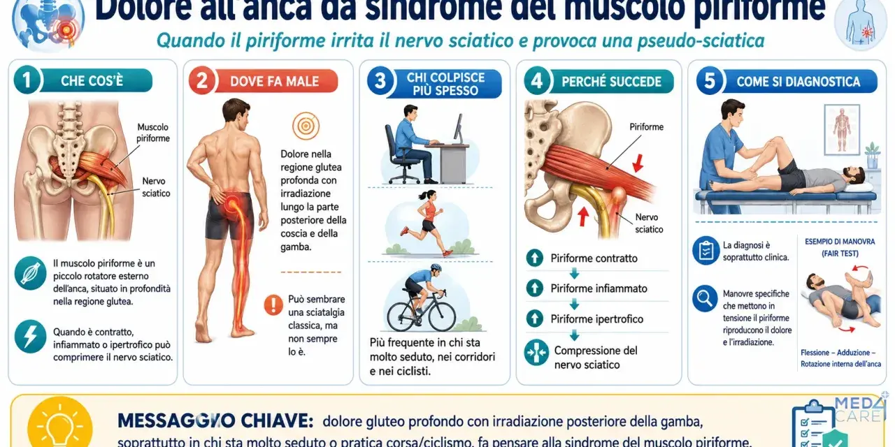 Dolori all'anca: il piriforme infiammato comprime il nervo sciatico, causando dolore profondo al gluteo e irradiazione alla gamba.