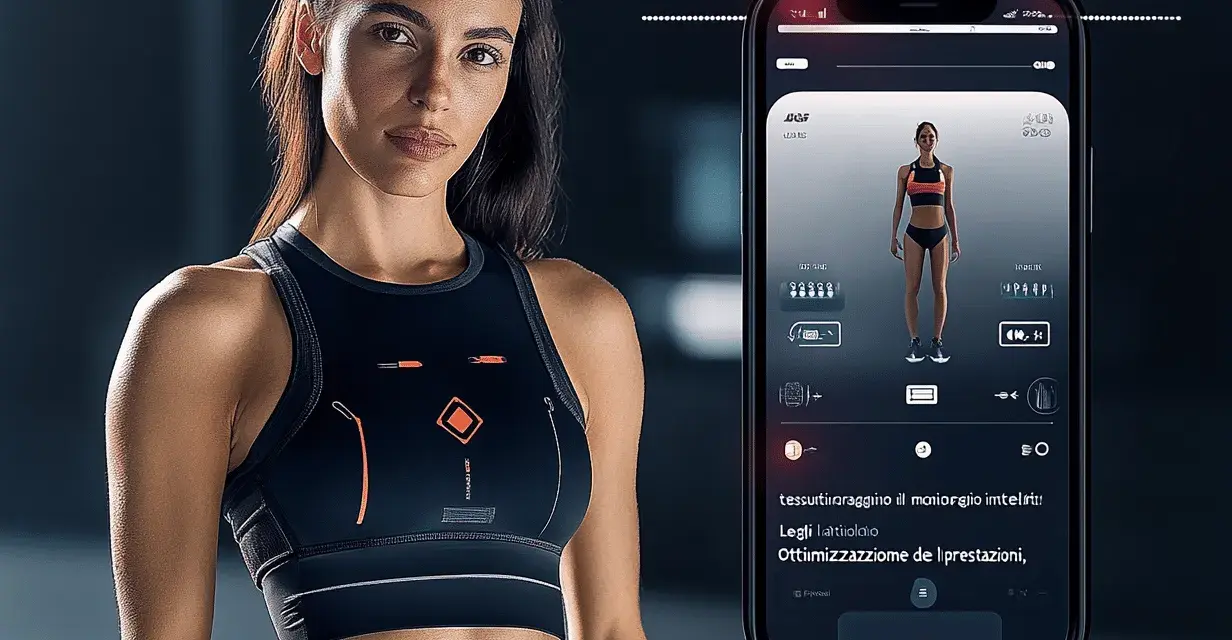 Donna sportiva con top tecnologico. Smartphone mostra app per monitorare prestazioni con tecnologie indossabili.