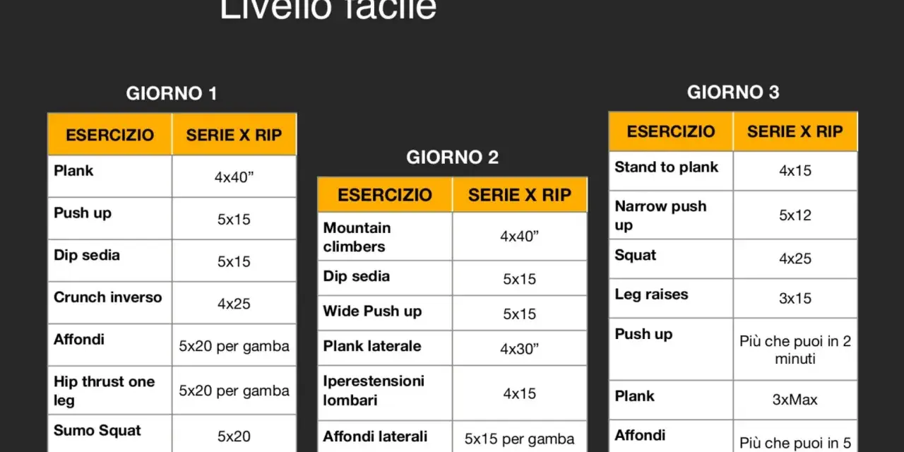 Programma di allenamento per aumento massa muscolare, livello facile. Giorno 1, 2 e 3 con esercizi e serie/ripetizioni.