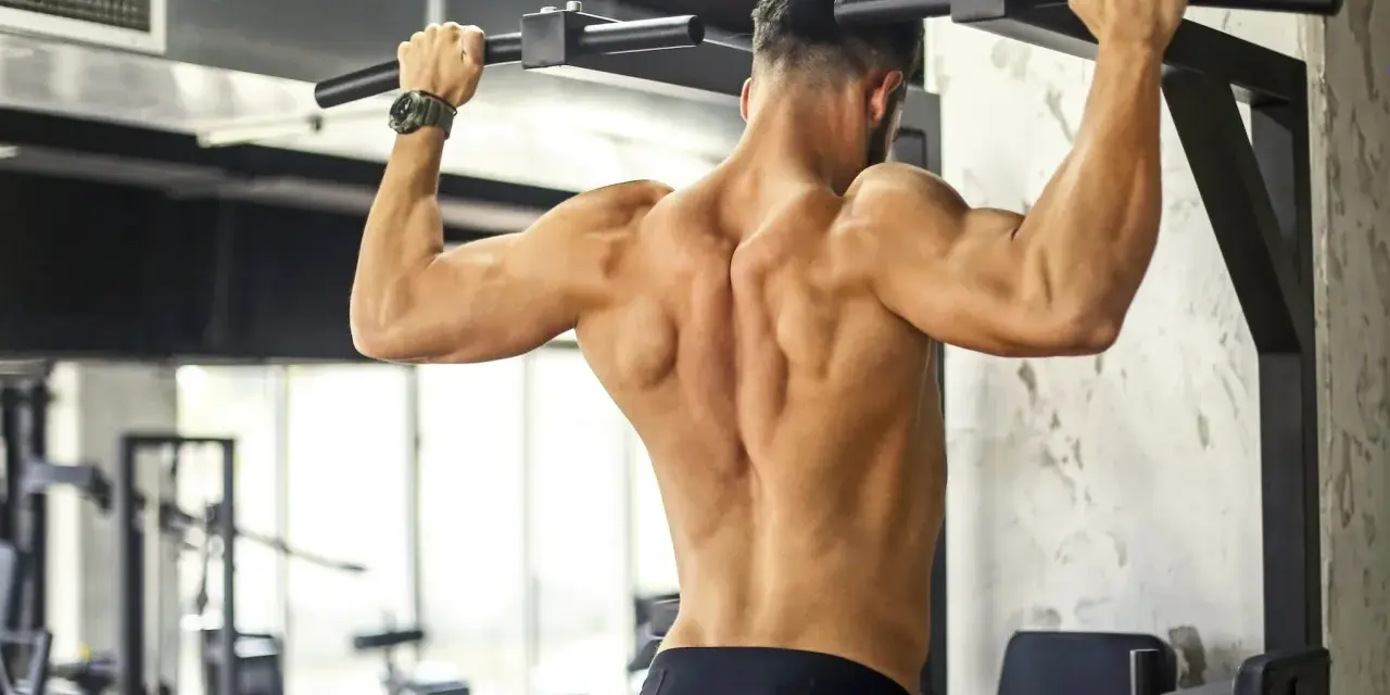 Uomo con muscoli dorsali scolpiti che esegue trazioni alla sbarra in palestra.