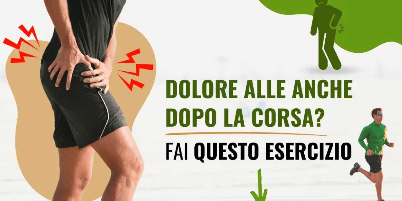 Uomo con dolore all'anca dopo la corsa. Icona di un corridore con mal di schiena. Testo: "Dolore alle anche dopo la corsa? Fai questo esercizio".