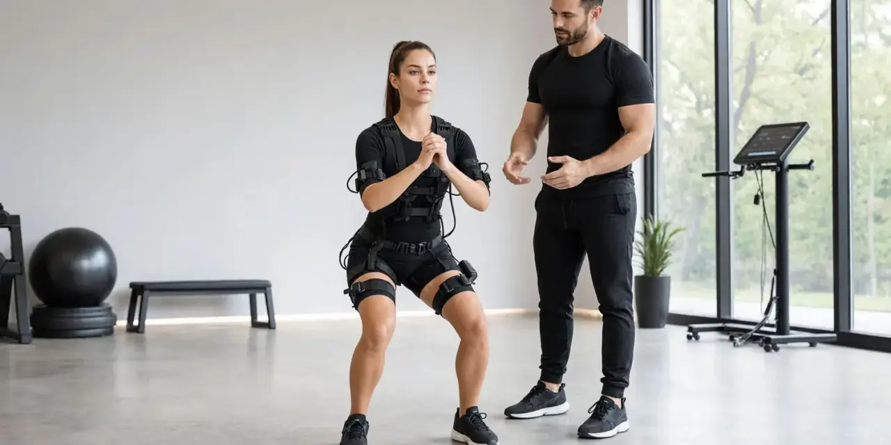 Donna in tuta EMS esegue squat con un trainer. Scopri i benefici dell'allenamento isometrico per un corpo tonico.
