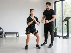 Donna in tuta EMS esegue squat con un trainer. Scopri i benefici dell'allenamento isometrico per un corpo tonico.