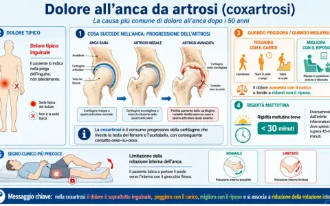 Dolore all'anca da artrosi: peggiora con il carico, migliora con il riposo. La coxartrosi causa dolore inguinale e limita la rotazione interna.