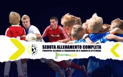 Allenamento pulcini calcio: giovani calciatori in azione, con un allenatore che li osserva. Focus su transizioni e cambio di attitudine.