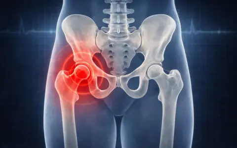 Illustrazione anatomica del bacino con evidenziata la coxalgia all'anca sinistra, indicando dolore e infiammazione.