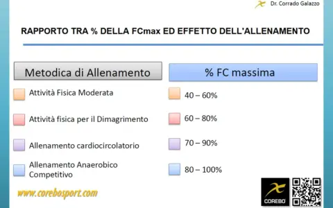 Tabella che illustra il rapporto tra frequenza cardiaca massima e tipologie di allenamento: da moderato a competitivo.