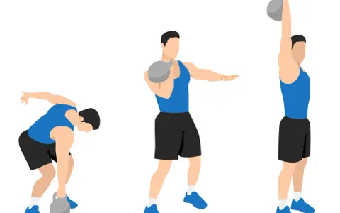 Uomo esegue un kettlebell clean: inizia piegato, solleva il peso al petto e poi lo estende sopra la testa.