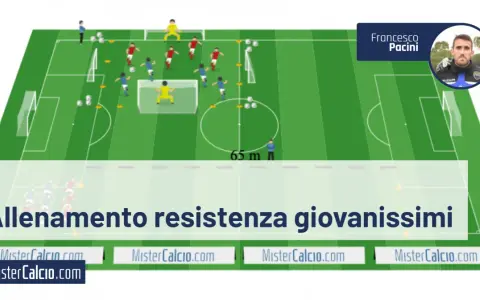 Schema di allenamento per la resistenza nel calcio giovanile, con giocatori disposti sul campo.