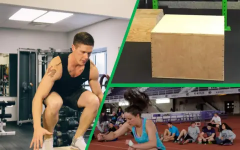 Uomo e donna si allenano con il box jump in palestra e in pista.