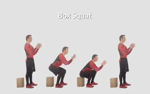 Uomo esegue il **box squat** in quattro fasi, scendendo e risalendo da una scatola.