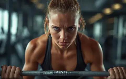 Donna determinata in palestra, con sguardo intenso, solleva un bilanciere. La sua espressione incarna la vera essenza di cosa sia l'endurance.