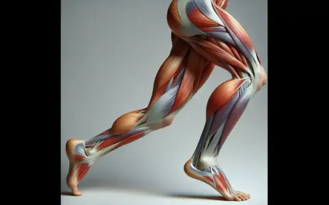 Muscolatura della gamba in movimento, evidenziando il tibiale anteriore, la sua origine e inserzione.