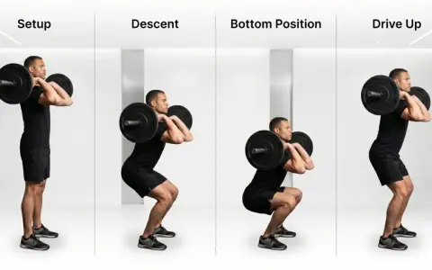 Uomo esegue front squat multipower: setup, discesa, posizione bassa e risalita.