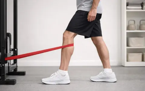 Uomo esegue esercizi per il vasto mediale obliquo con elastico rosso, rafforzando il ginocchio.