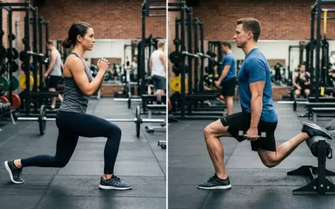Uomo e donna in palestra eseguono esercizi per le gambe: lei fa uno split squat a corpo libero, lui uno split squat bulgaro con manubrio.
