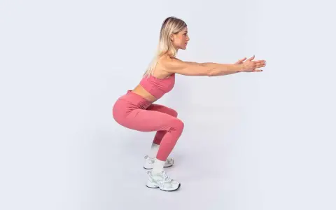 Donna in tenuta sportiva rosa esegue uno squat, evidenziando i muscoli della gamba anteriore.