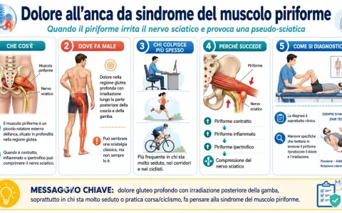Dolori all'anca: il piriforme infiammato comprime il nervo sciatico, causando dolore profondo al gluteo e irradiazione alla gamba.