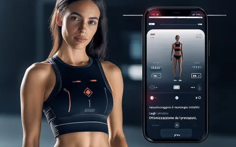 Donna sportiva con top tecnologico. Smartphone mostra app per monitorare prestazioni con tecnologie indossabili.