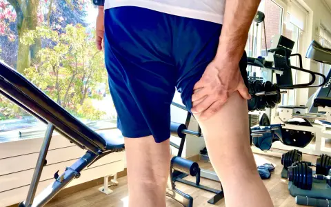 Uomo con mano sulla coscia, indicando una possibile lesione hamstring. Attrezzatura da palestra e alberi fioriti sullo sfondo.