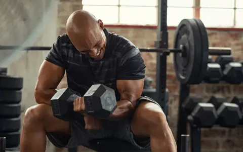 Uomo calvo in palestra, concentrato su un curl con manubri da 50 kg. Il suo viso mostra lo sforzo, indicando un RPE chart elevato.
