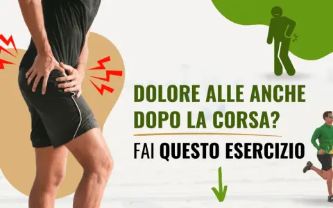 Uomo con dolore all'anca dopo la corsa. Icona di un corridore con mal di schiena. Testo: "Dolore alle anche dopo la corsa? Fai questo esercizio".