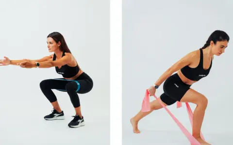Donna esegue squat con elastico per allenare i muscoli estensori gamba. Poi affondo con elastico rosa.