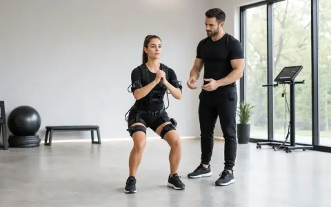 Donna in tuta EMS esegue squat con un trainer. Scopri i benefici dell'allenamento isometrico per un corpo tonico.