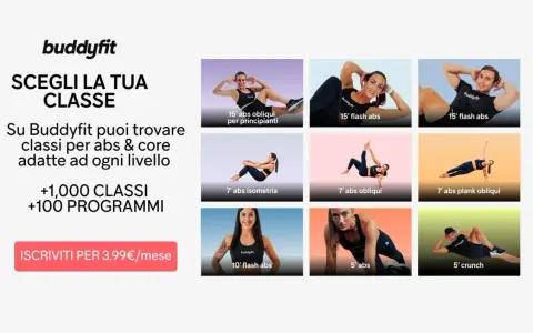 Buddyfit offre oltre 1000 classi, inclusi 10 esercizi addominali per ogni livello. Iscriviti per 3,99€/mese.